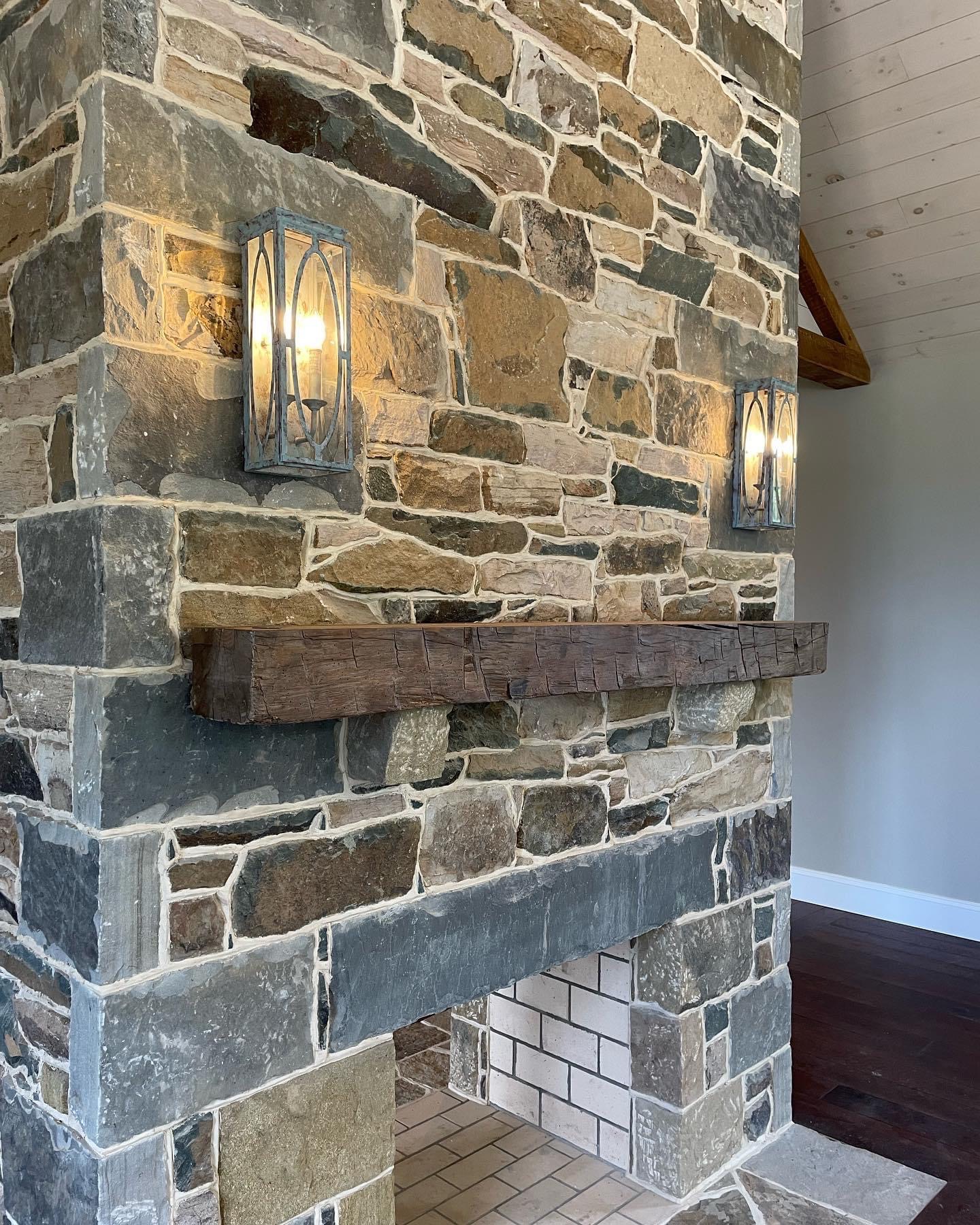 hand-hewn reclaimed wood mantel